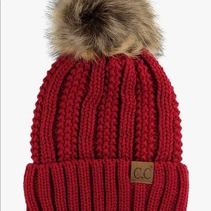 NEW C.C Thick Cable Knit Faux Fuzzy Fur Pom Beanie